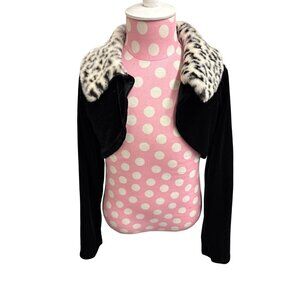 Black Velvet Bolero Jacket W/ Faux Leopard Fur Collar Perfectly Dressed M 7/8 KI